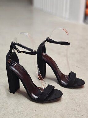 Womens Black Suede Block Heel Sandals With Adjustable Ankle Strap